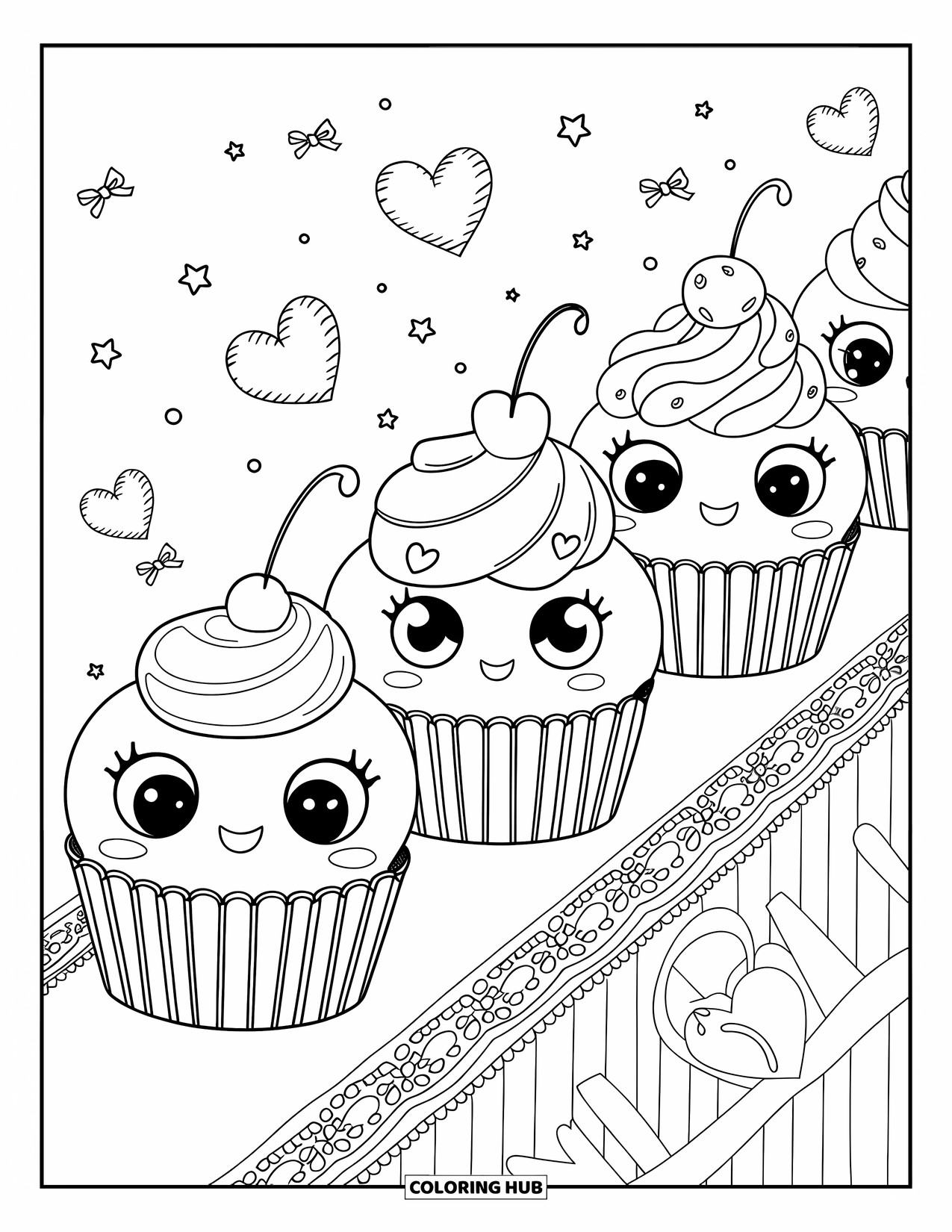 Kleurplaat van een taart voor volwassenen: Een kawaii cupcake parade met drie cupcakes, elk met een andere glazuurstijl en expressieve gezichten