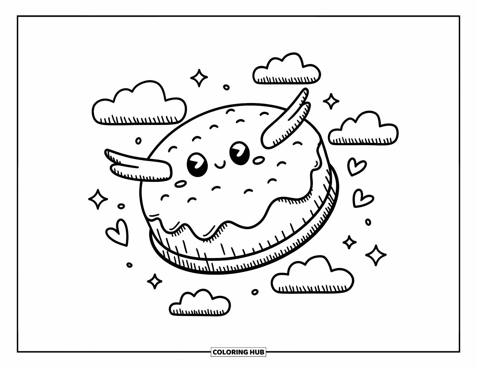 Kleurplaat van een taart voor volwassenen: Een kawaii ronde taart met kleine vleugels die door de lucht vliegen, met wolkenpluizen, harten en sterren