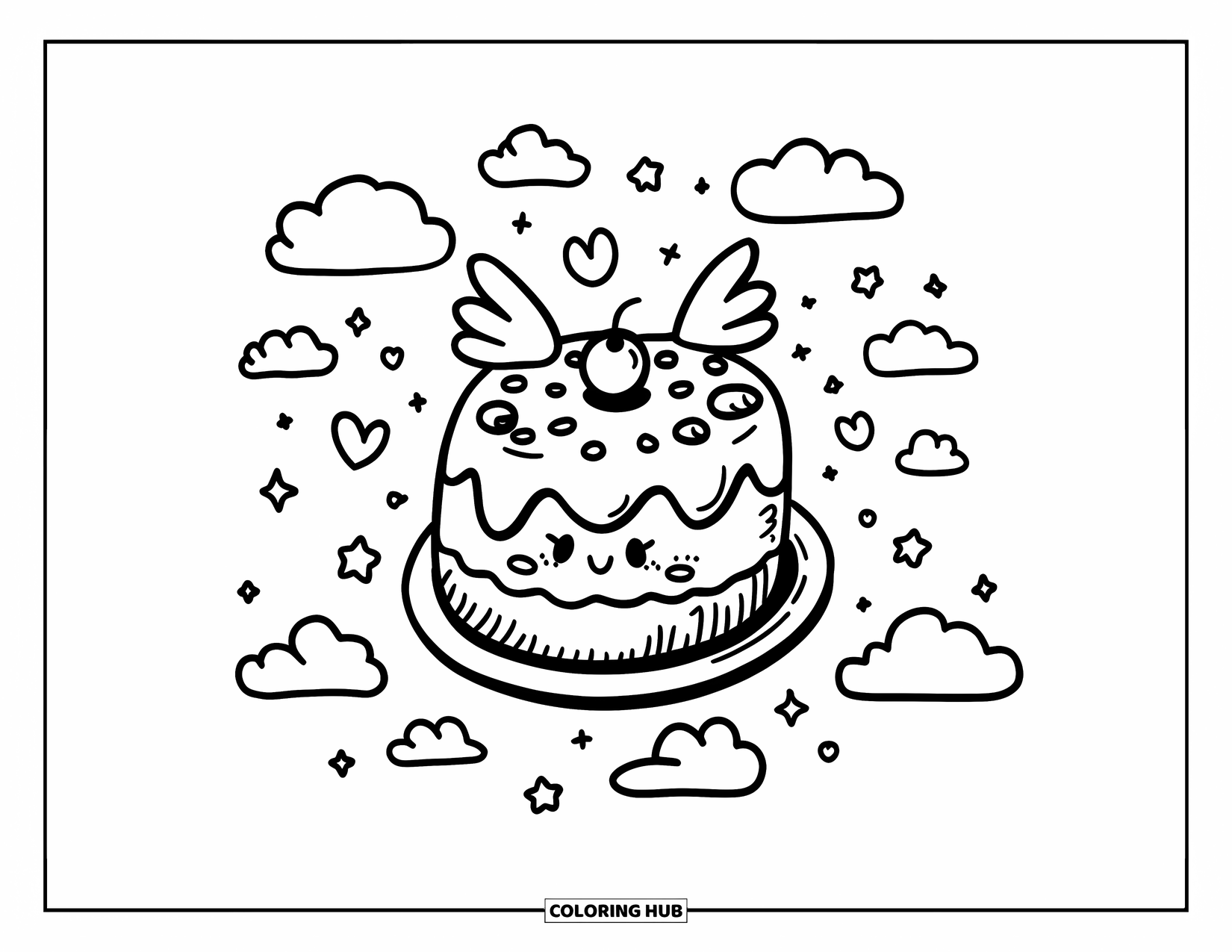 Kleurplaat van een taart voor volwassenen: Een kawaii ronde taart met vleugels, die door de lucht vliegt met wolkenpluizen, harten en sterren