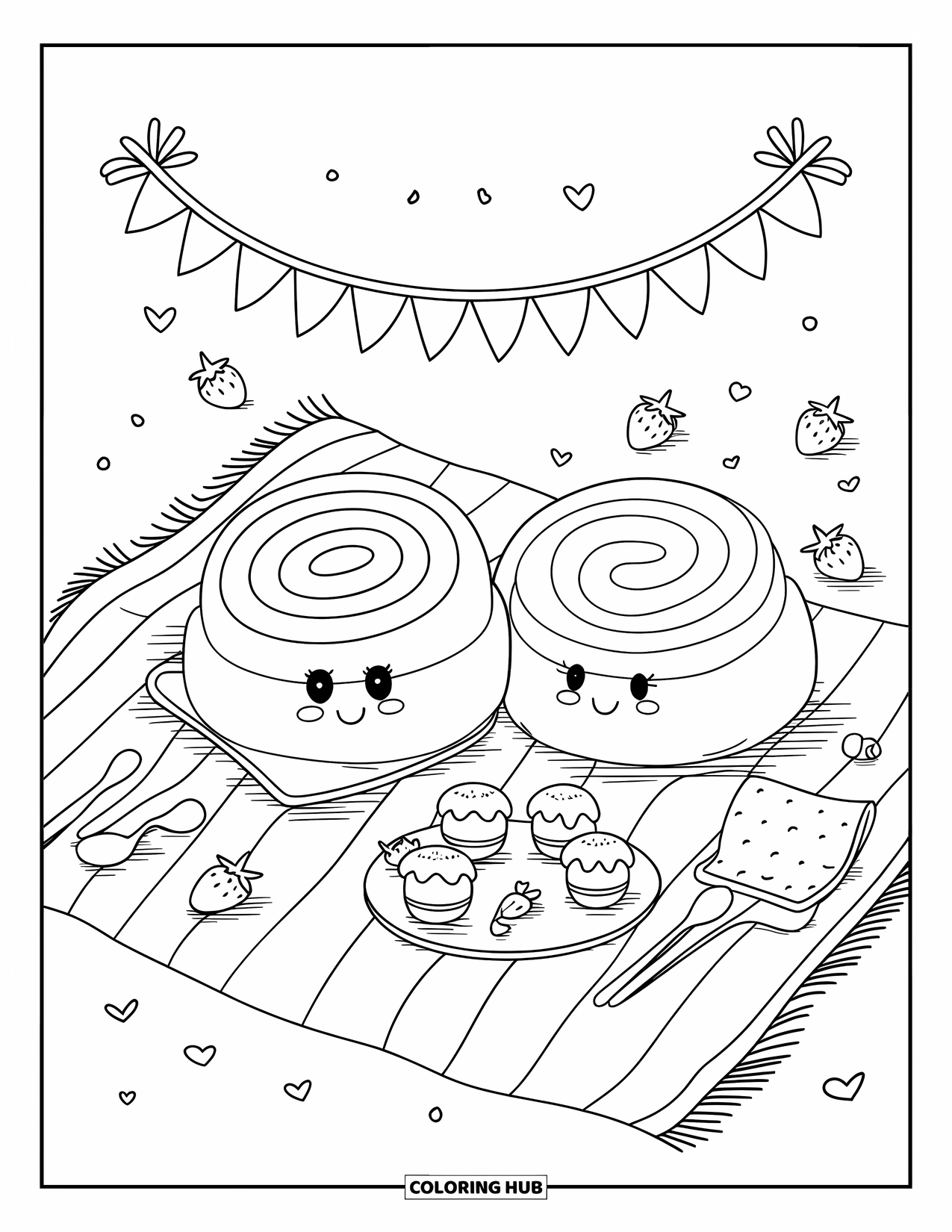 Kleurplaat van een taart voor volwassenen: Een kawaii Zwitserse rol picknick met twee Zwitserse rollen, omringd door cake pops, aardbeien en een banner