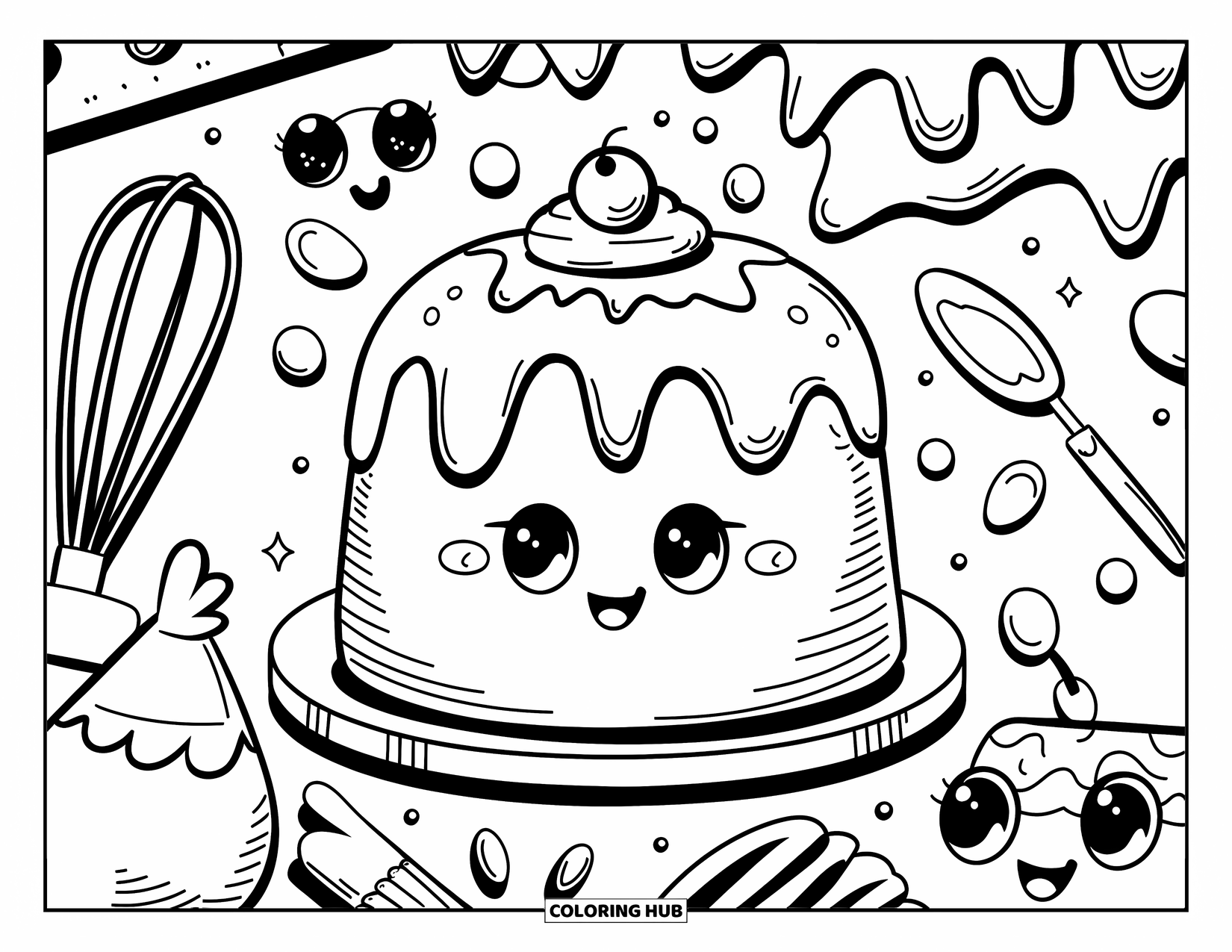 Kleurplaat van een taart voor volwassenen: Een grote ronde taart met een vrolijk gezicht, omringd door kawaii bakgereedschap, met vereenvoudigde vormen