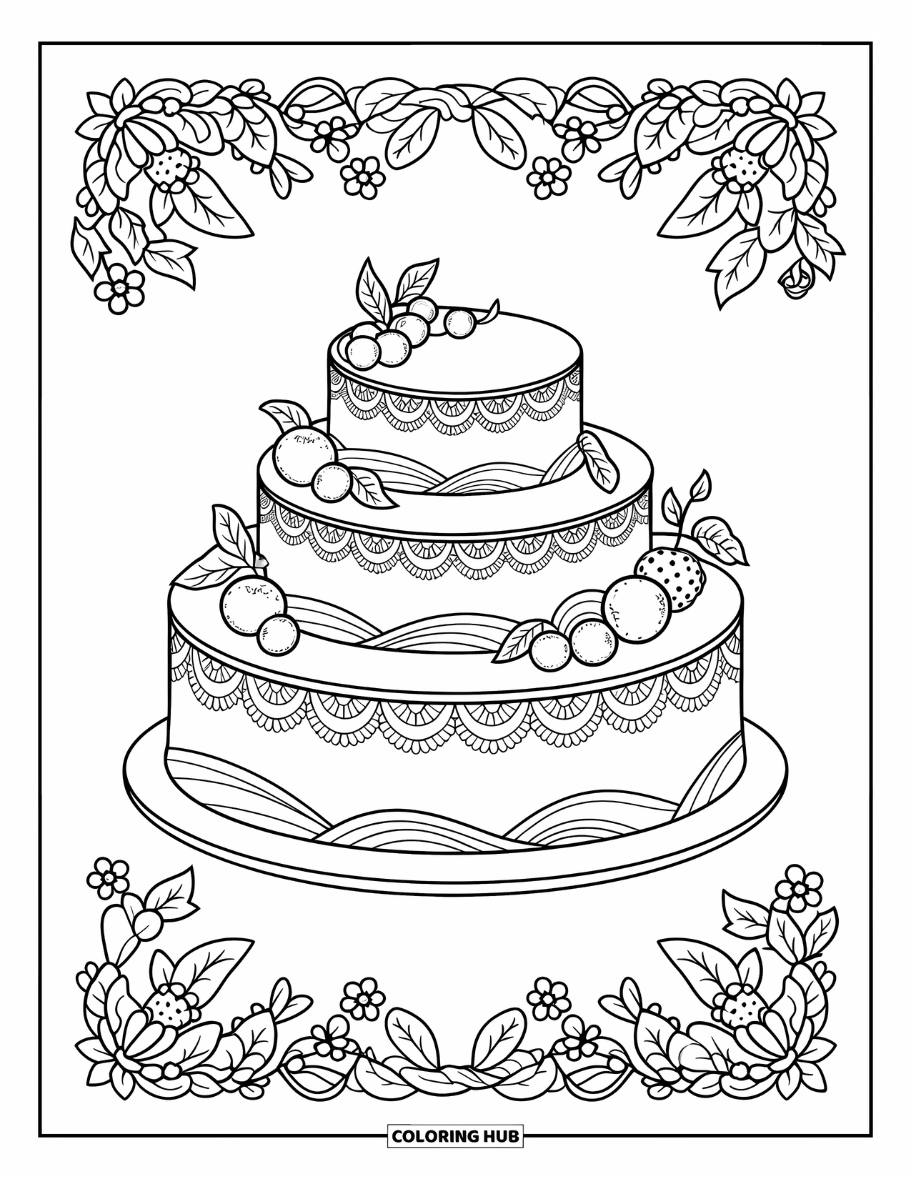 Kleurplaat van een taart voor volwassenen: Een gelaagde taart met delicate kantafwerking en fruitaccenten, omringd door een bloemenpatroonrand