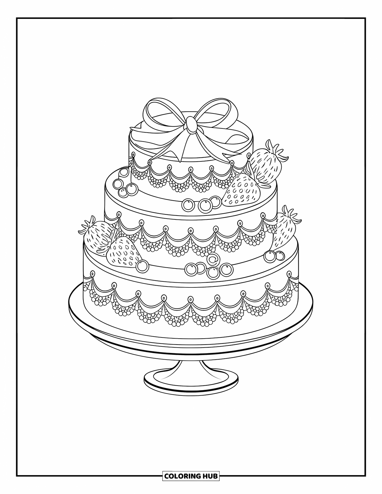 Kleurplaat van een taart voor volwassenen: Een gelaagde taart met kantachtige afwerking en fruitaccenten, bekroond met een strik, aardbeien en bosbessen