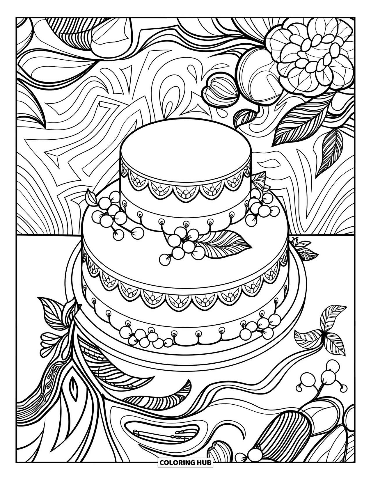 Kleurplaat van een taart voor volwassenen: Een gelaagde taart met kantafwerking en fruitaccenten, omringd door bloemen, bladeren en wervelingen op de achtergrond