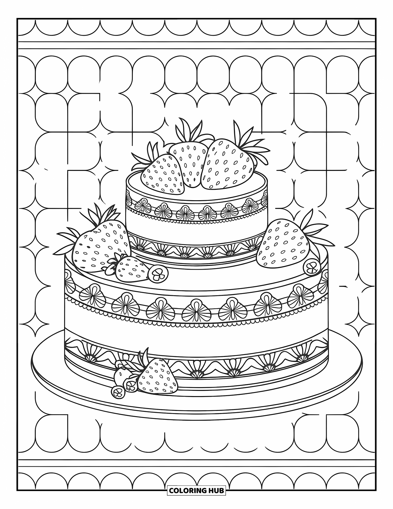 Kleurplaat van een taart voor volwassenen: Een gelaagde taart met kantafwerking en fruitaccenten, bekroond met aardbeien en bosbessen op een wit bord