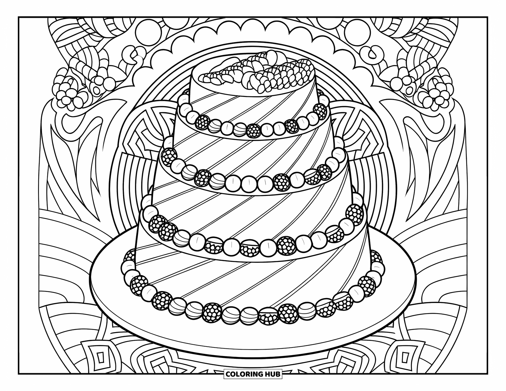 Kleurplaat van een taart voor volwassenen: Een meerlagige taart met diagonale afwerking en fruitranden, geplaatst op een wit bord