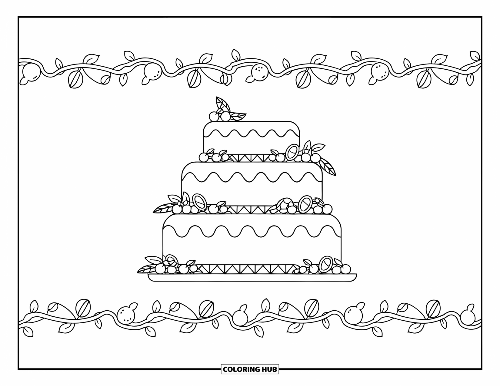 Kleurplaat van een taart voor volwassenen: Een meerlagige taart met diagonale afwerking en fruitranden, omringd door een decoratieve rand