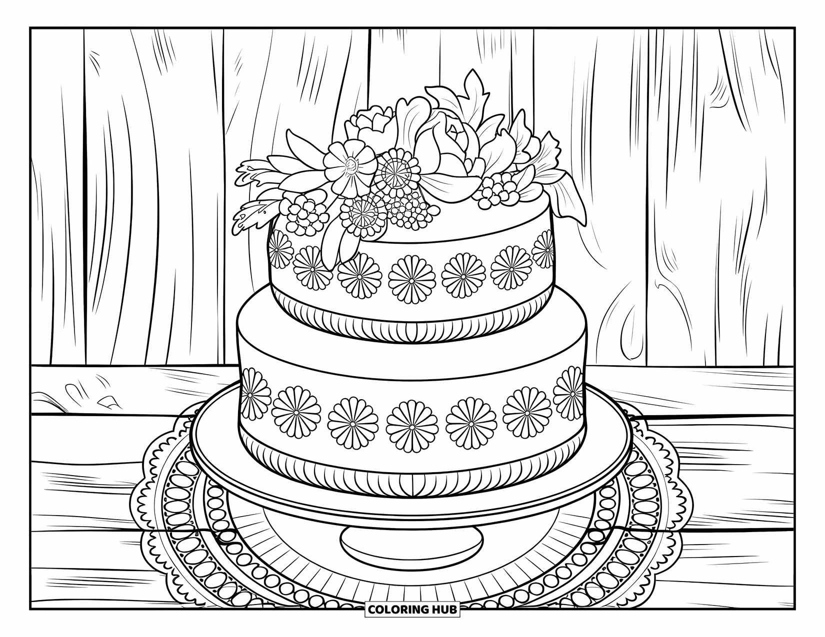 Kleurplaat van een taart voor volwassenen: Een meerlagige taart met bloemenranden en verse bloemen erop, geplaatst op een kanten onderzetter