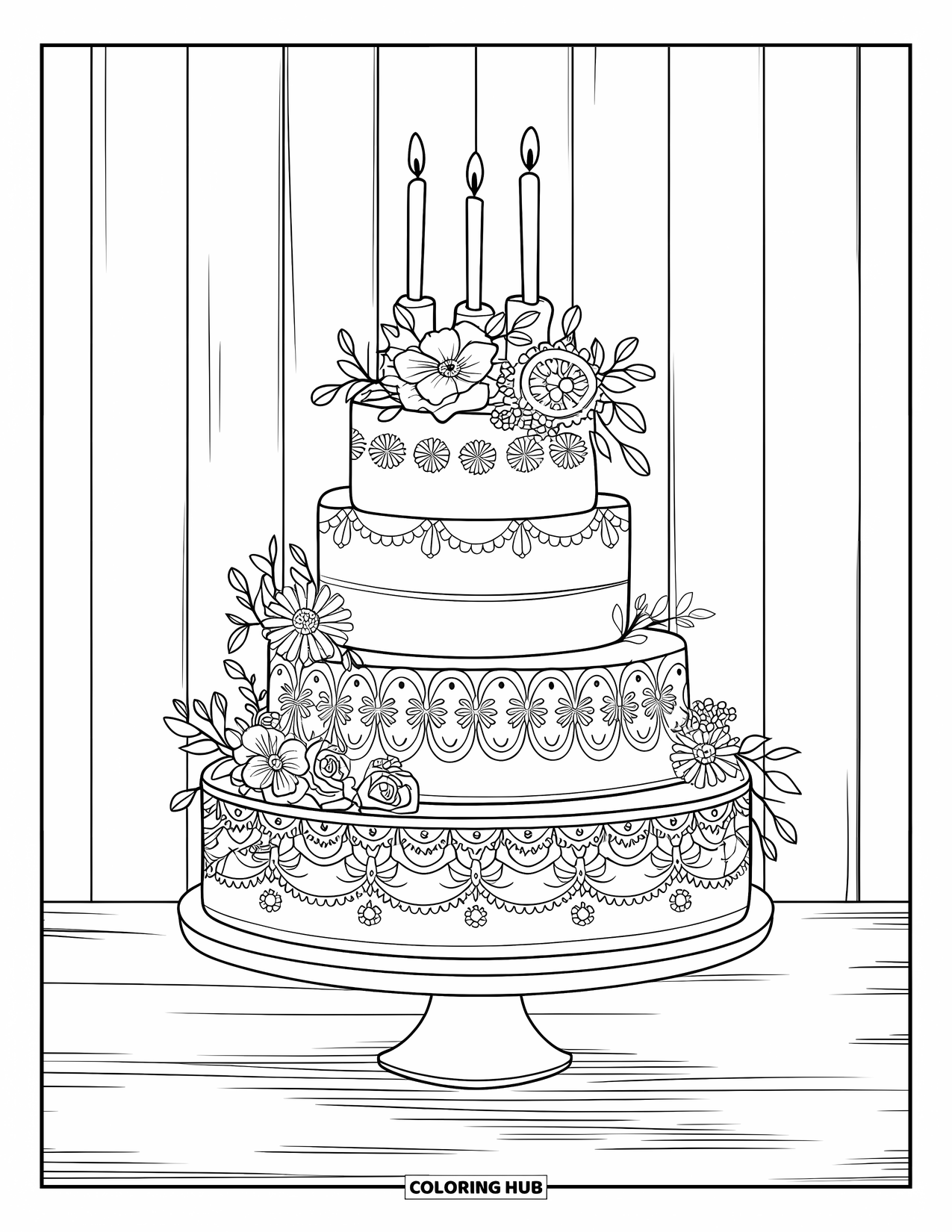 Kleurplaat van een taart voor volwassenen: Een bruidstaart met meerdere verdiepingen met bloemenafwerking en kaarsen erop, geplaatst op een standaard