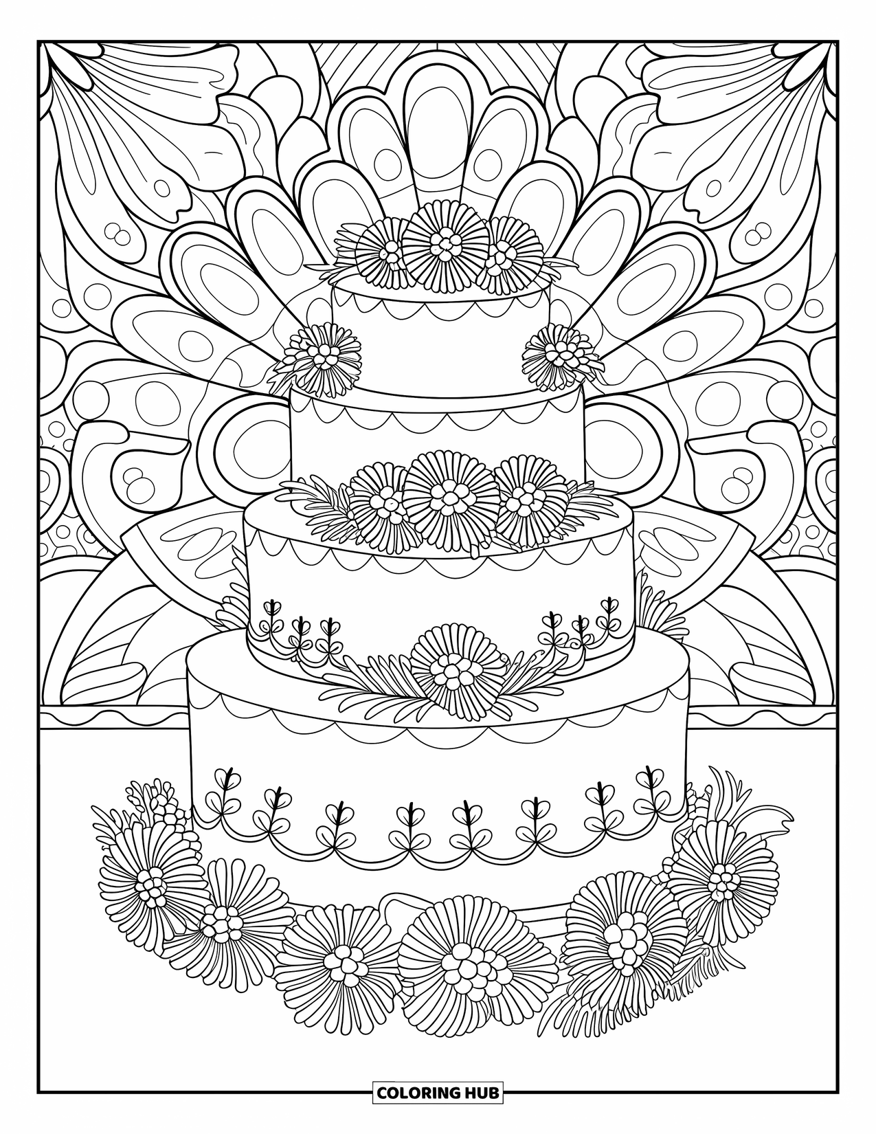 Kleurplaat van een taart voor volwassenen: Een bruidstaart met meerdere verdiepingen met bloemenafwerking en elegante patronen, omringd door ingewikkelde details