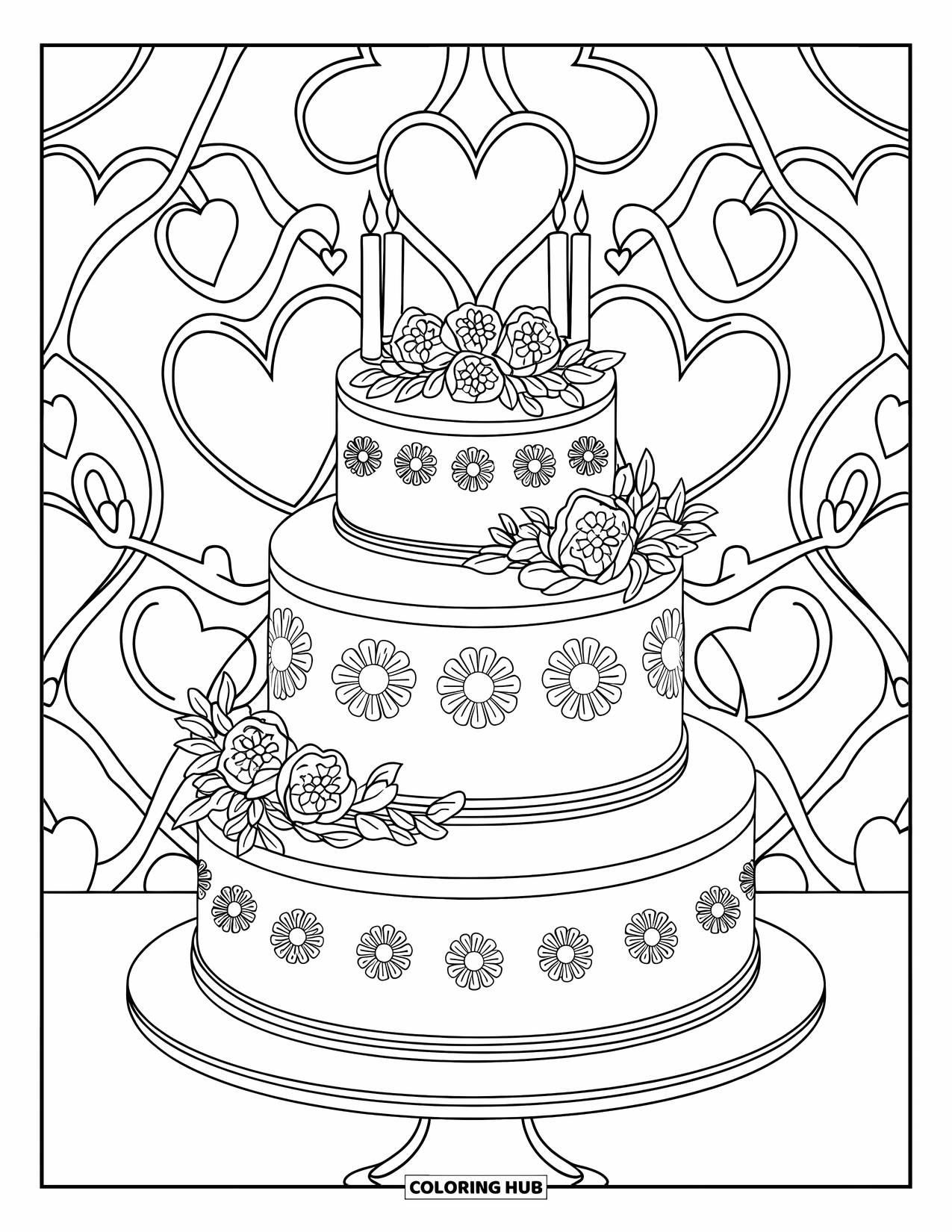 Kleurplaat van een taart voor volwassenen: Een bruidstaart met meerdere verdiepingen met bloemenafwerking, kaarsen en een achtergrond van harten en bladeren