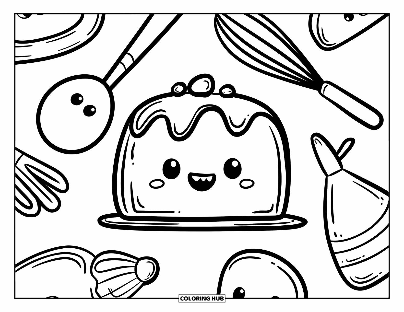 Kleurplaat van een taart voor volwassenen: Een ronde taart met een vrolijk gezicht, omringd door kawaii bakgereedschap zoals een garde, spatel en spuitzak