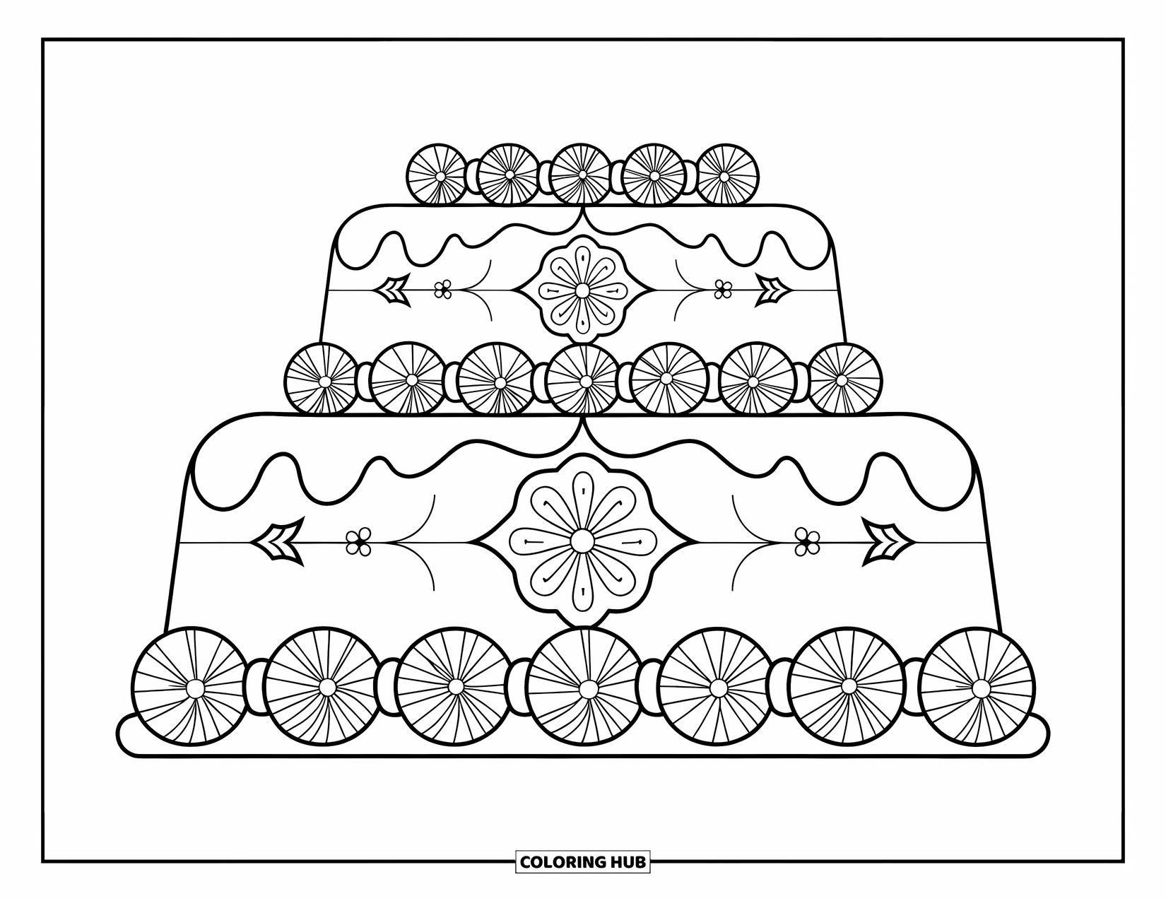 Kleurplaat van een taart voor volwassenen: Een taart met één laag met bloemenranden en symmetrische ontwerpen, versierd met ingewikkelde details