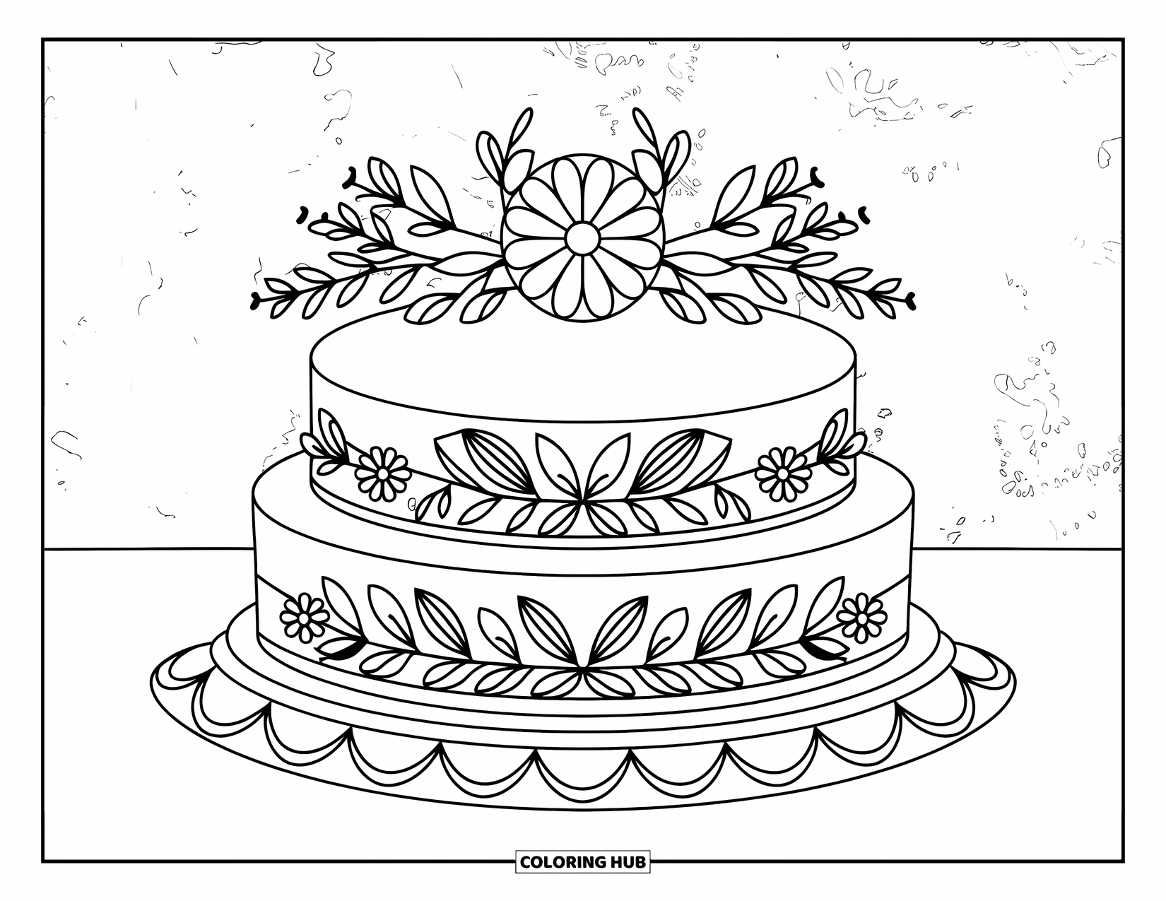 Kleurplaat van een taart voor volwassenen: Een taart met één laag met bloemenranden en symmetrische ontwerpen, geplaatst op een ronde standaard