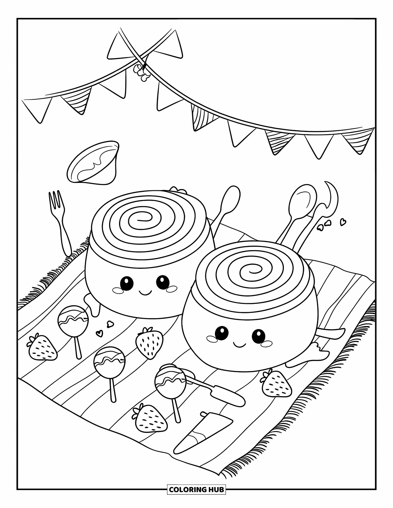 Kleurplaat van een taart voor volwassenen: Een Zwitserse rol picknick met twee Zwitserse rollen, cake pops, aardbeien en een speelse vlaggenlijn