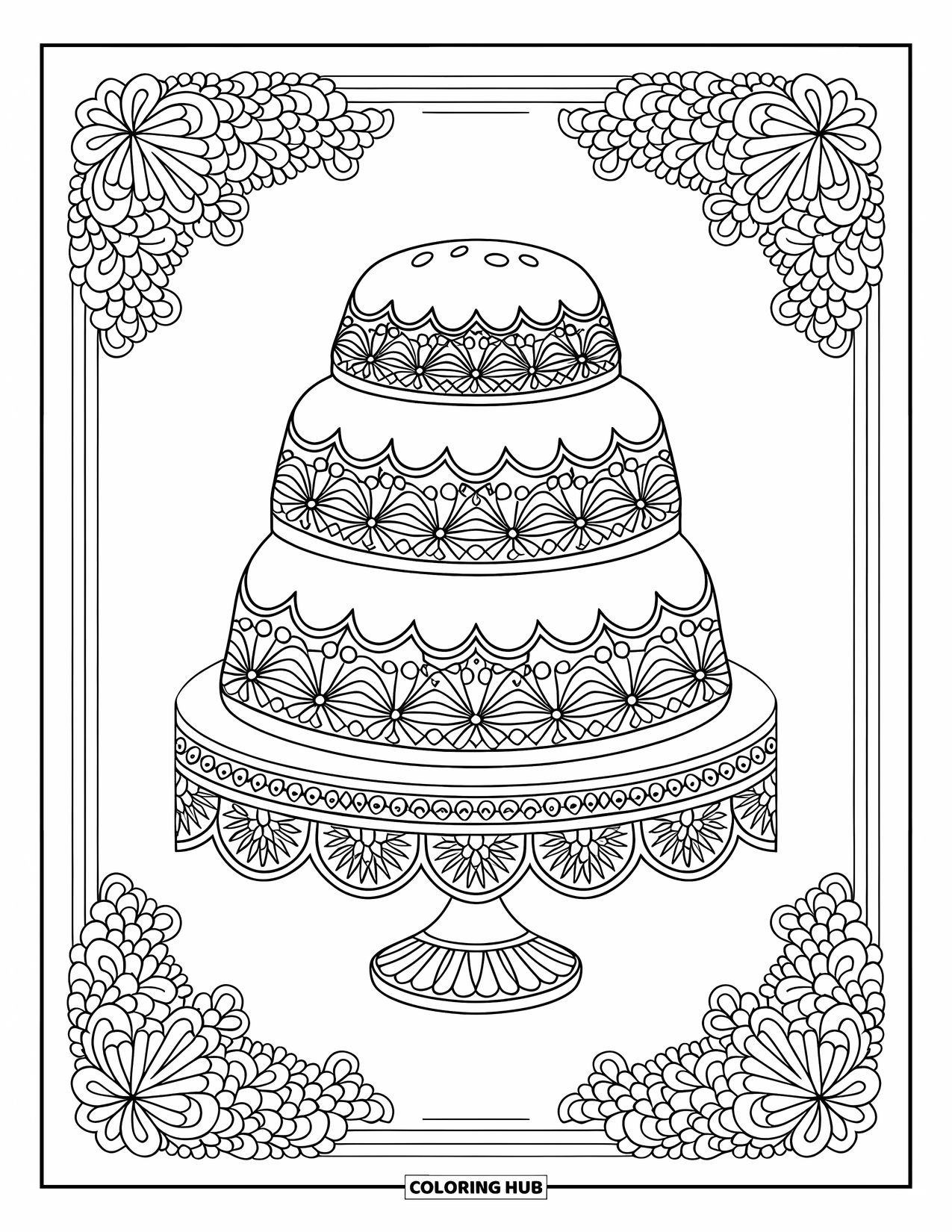 Kleurplaat van een taart voor volwassenen: Een taart in vintage-stijl op een sierlijk taartplateau, omringd door een bloemenpatroonrand