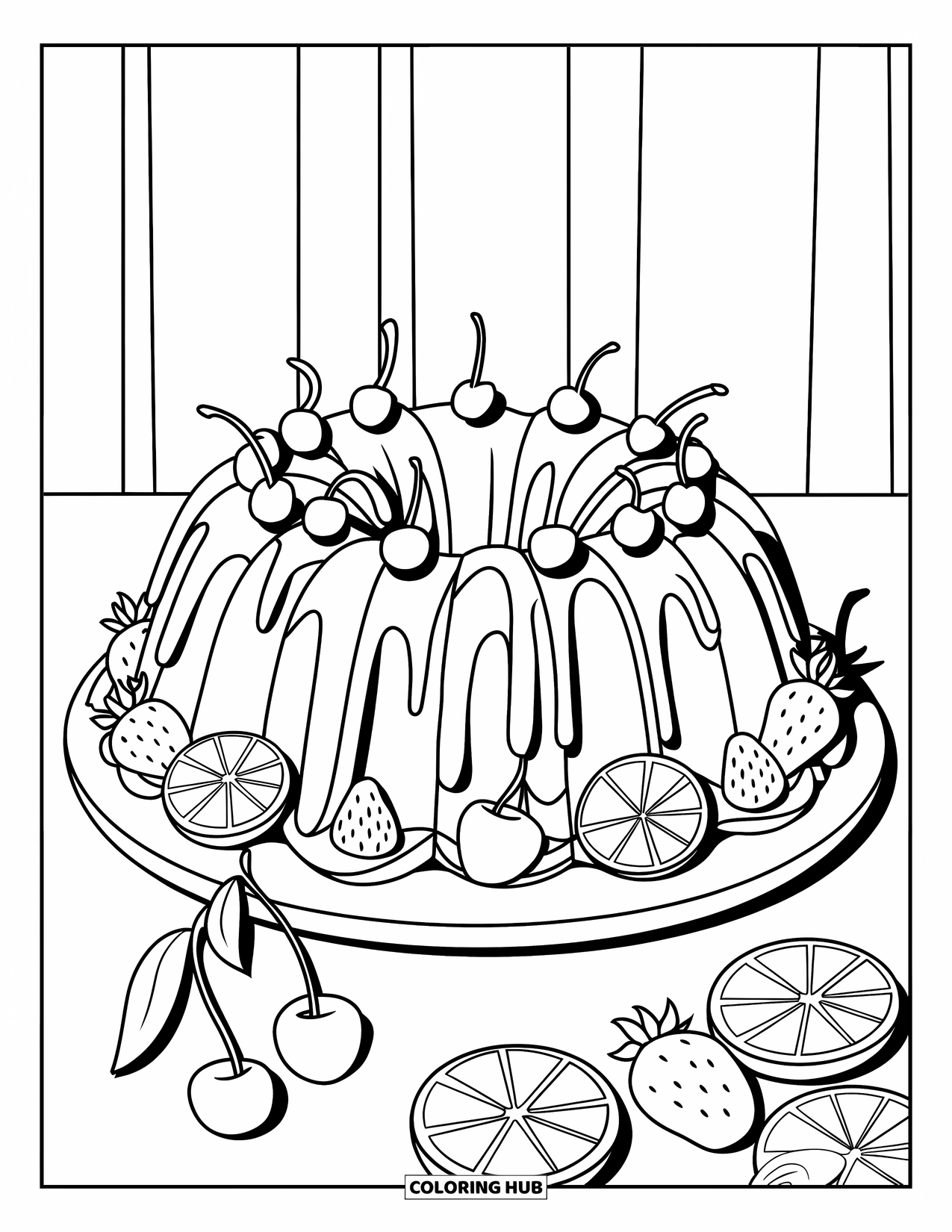 Kleurplaat taart voor kinderen: Een tulbandcake met druipend glazuur en fruitschijfjes, geplaatst op een wit bord