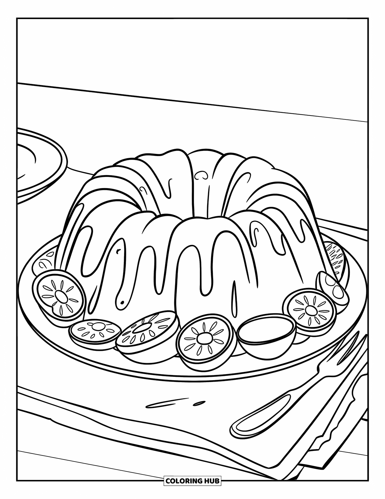 Kleurplaat taart voor kinderen: Een tulbandcake met druipend glazuur, fruitschijfjes en een vork naast het bord