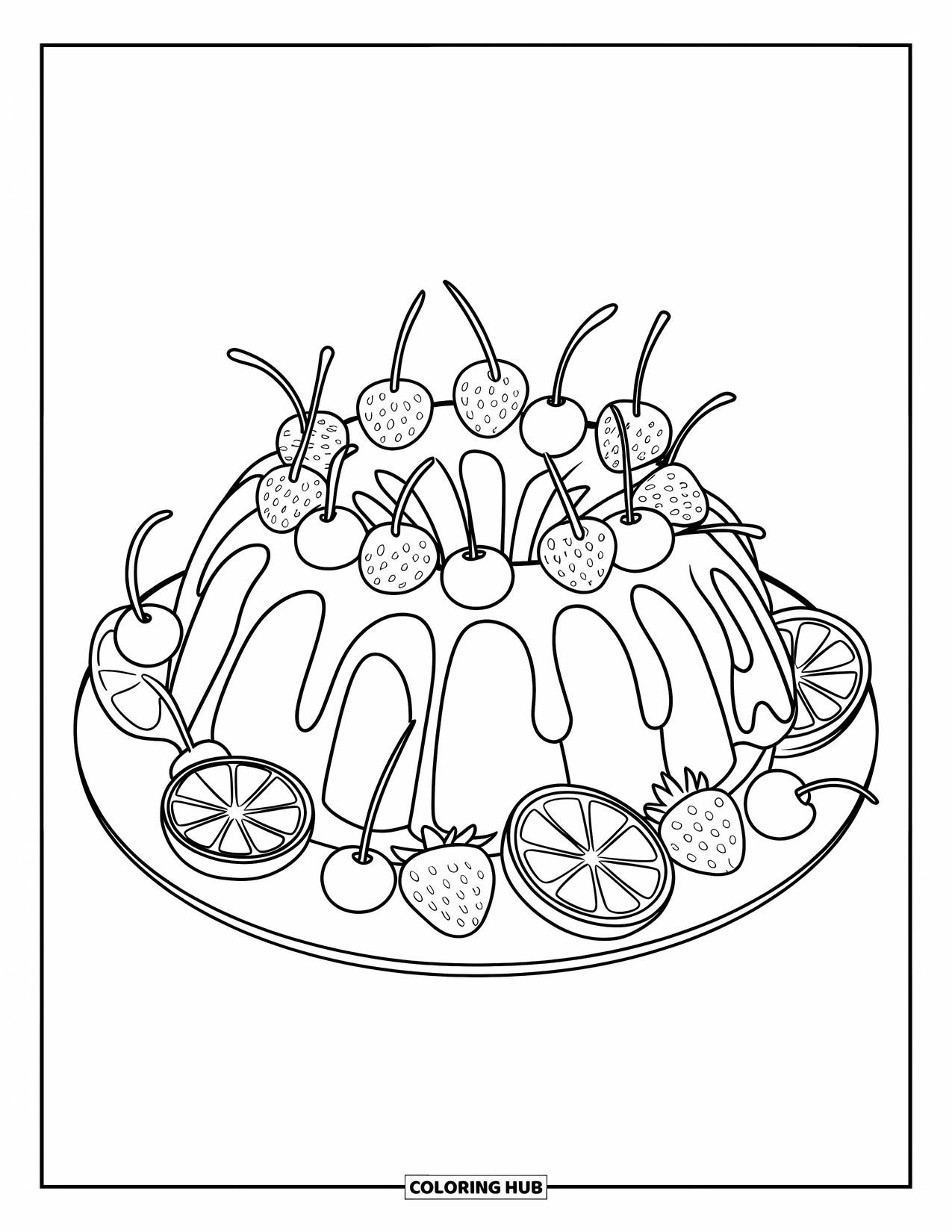 Kleurplaat taart voor kinderen: Een tulbandcake met druipend glazuur, fruitschijfjes en geplaatst op een rond bord