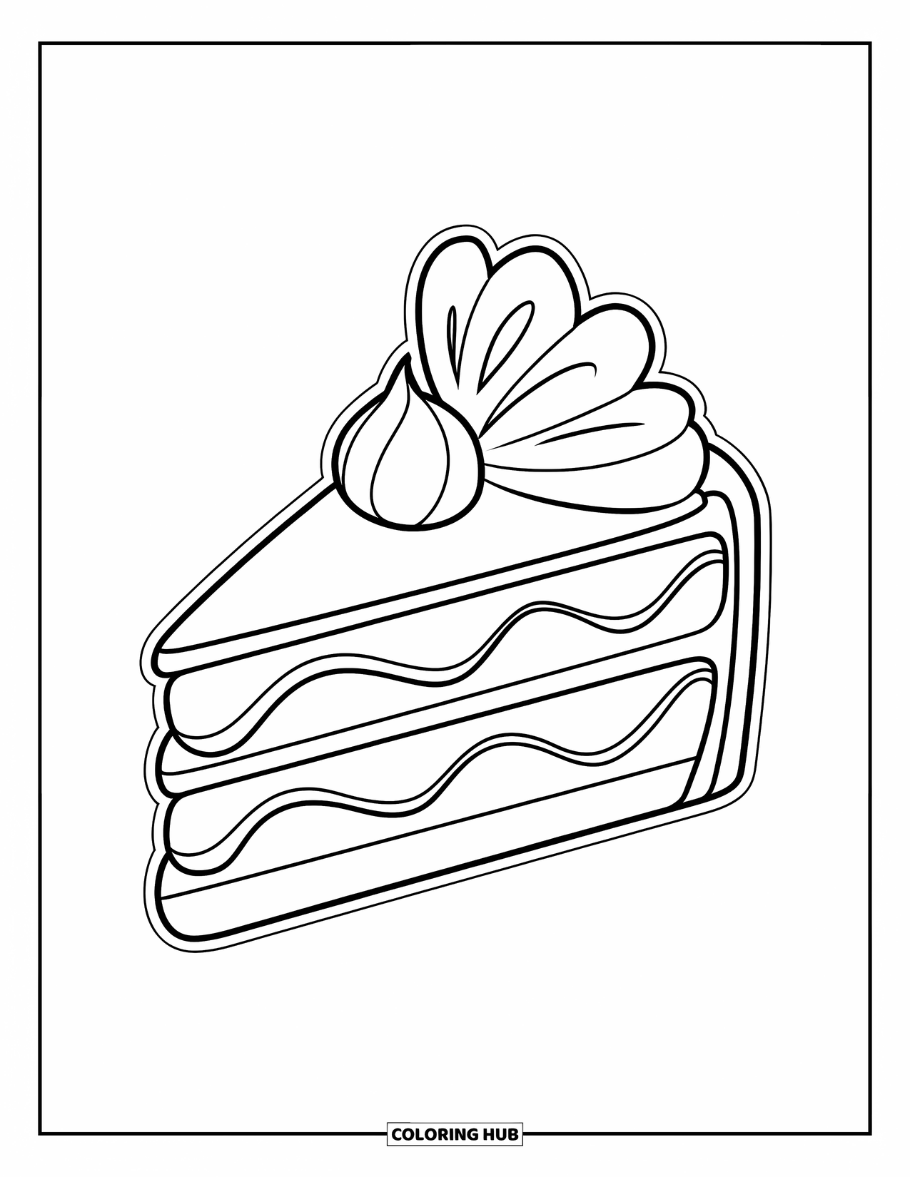 Kleurplaat taart voor kinderen: Een stuk taart met glazuurlagen en een bloemachtige decoratie erop