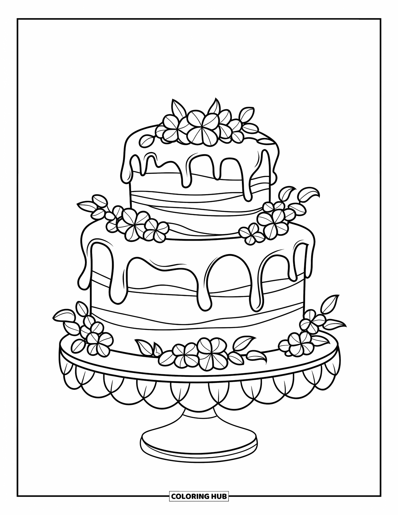 Kleurplaat taart voor kinderen: Een taart met druipend glazuur, lichte bloemdecoratie, geplaatst op een standaard met kleine bloemen