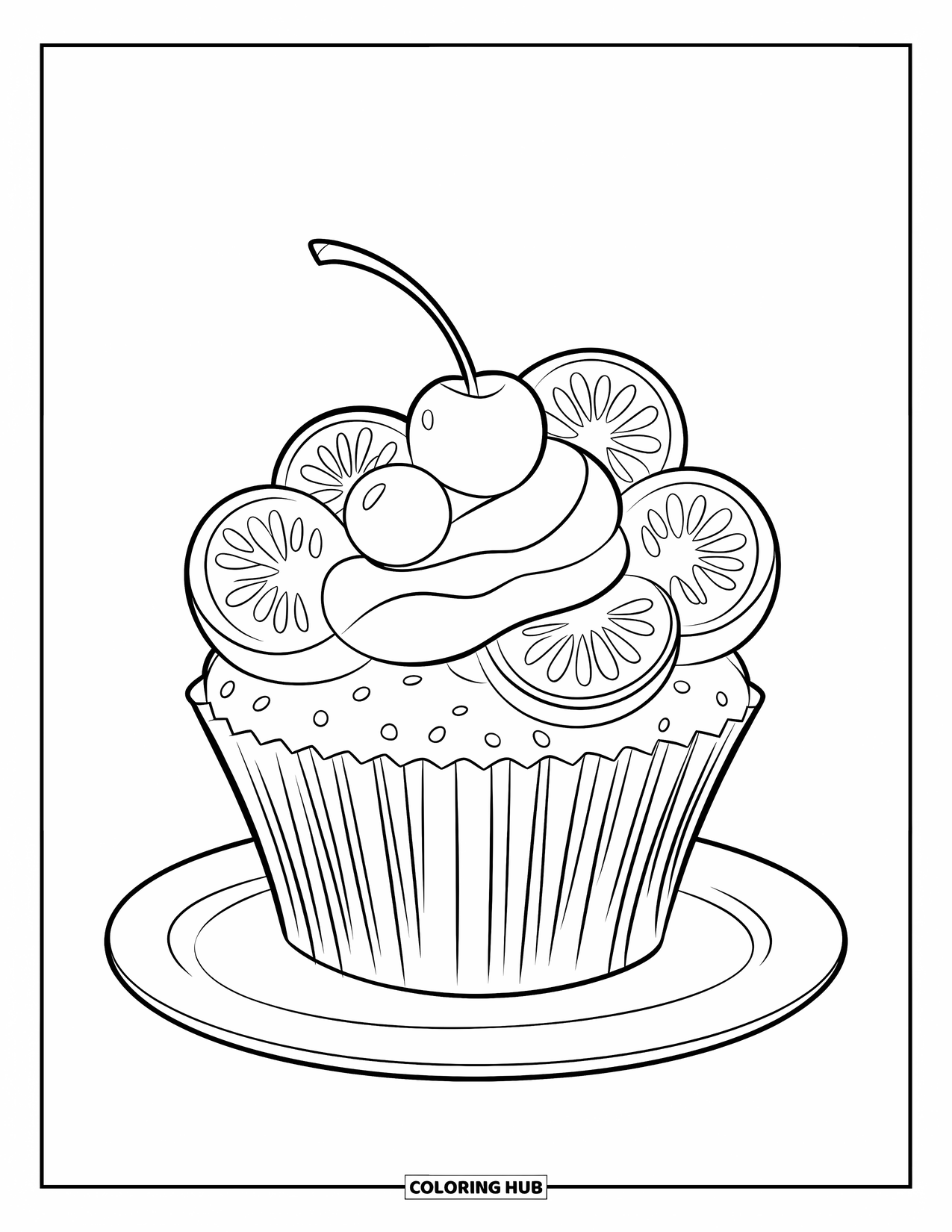 Kleurplaat taart voor kinderen: Een cupcake gegarneerd met fruitschijfjes en een kers op een bord