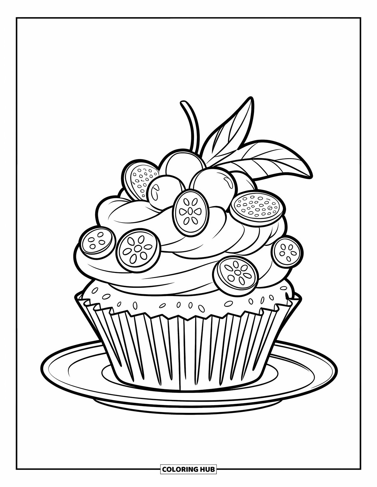 Kleurplaat taart voor kinderen: Een cupcake gegarneerd met fruitschijfjes op een bord