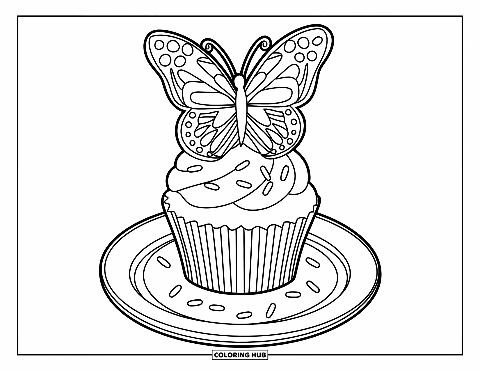 Kleurplaat taart voor kinderen: Een cupcake met een vlindervormige topper, spikkels erop, op een wit bord