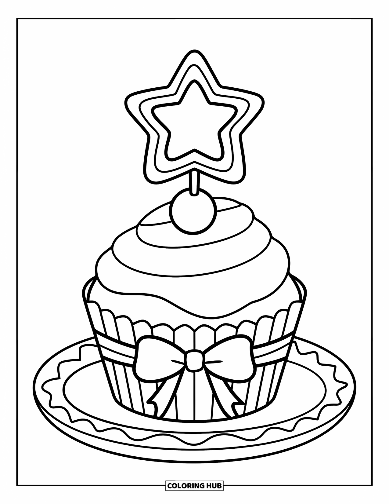Kleurplaat taart voor kinderen: Een cupcake met een stervormige topper en lint, geplaatst op een bord