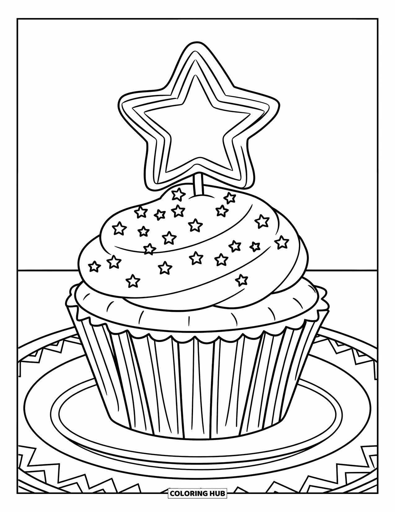 Kleurplaat taart voor kinderen: Een cupcake met een stervormige topper, lint en een strooisel van sterren erop, geplaatst op een bord