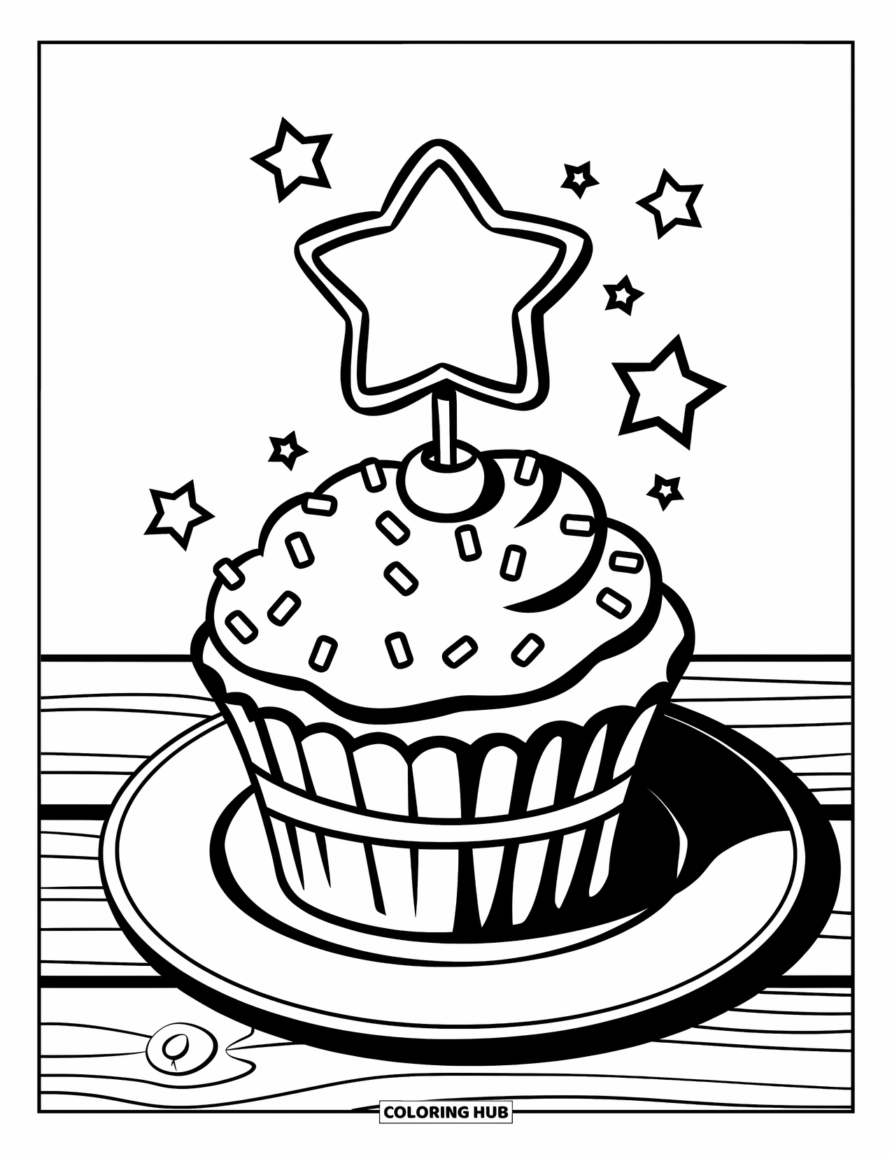 Kleurplaat taart voor kinderen: Een cupcake met een stervormige topper, lint, spikkels en sterren eromheen op een bord