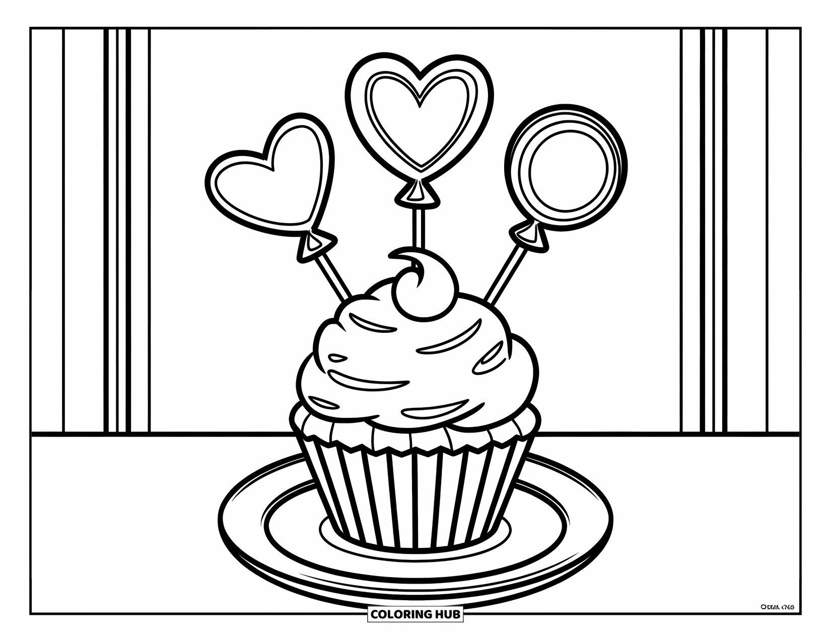 Kleurplaat van een taart voor kinderen: Een cupcake met ballonvormen en gedurfd glazuur, geplaatst op een wit bord