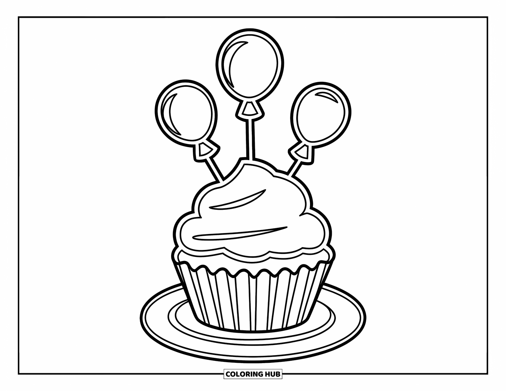 Kleurplaat taart voor kinderen: Een cupcake met ballonvormen die eruit steken, geplaatst op een wit bord
