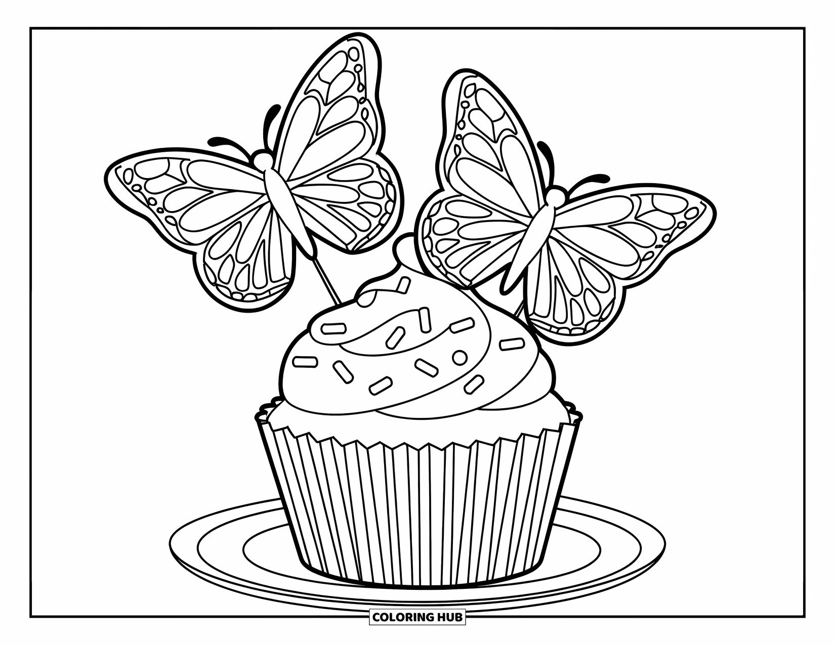 Kleurplaat van een taart voor kinderen: Een cupcake met vlindervormige toppers, spikkels erop, geplaatst op een bord