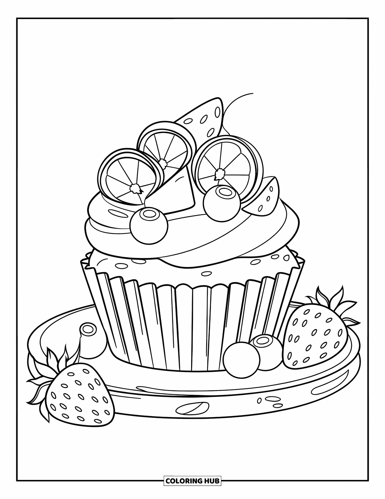 Kleurplaat taart voor kinderen: Een cupcake met fruitschijfjes erop, geplaatst op een houten plank met verspreide bessen