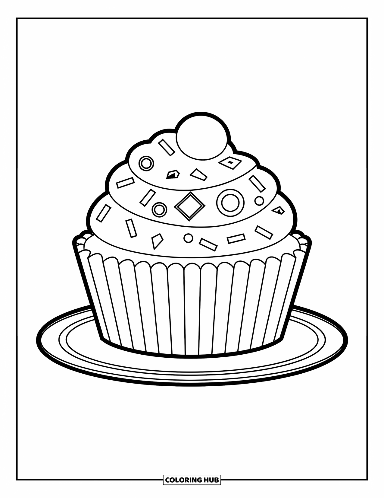 Kleurplaat taart voor kinderen: Een cupcake met geometrische vormen op de wikkel en het glazuur, geplaatst op een bord