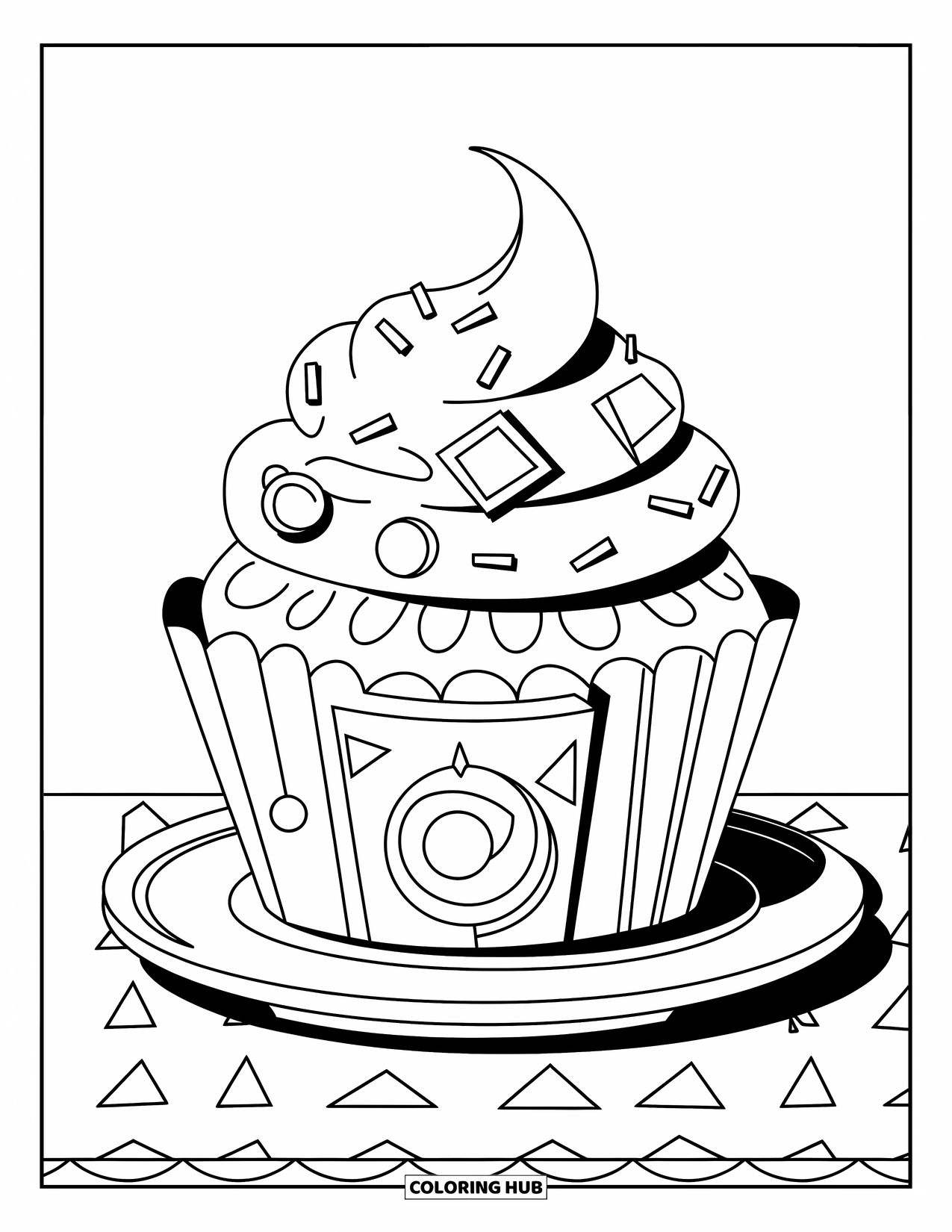 Kleurplaat taart voor kinderen: Een cupcake met geometrische vormen op de wikkel en het glazuur, zittend op een bord