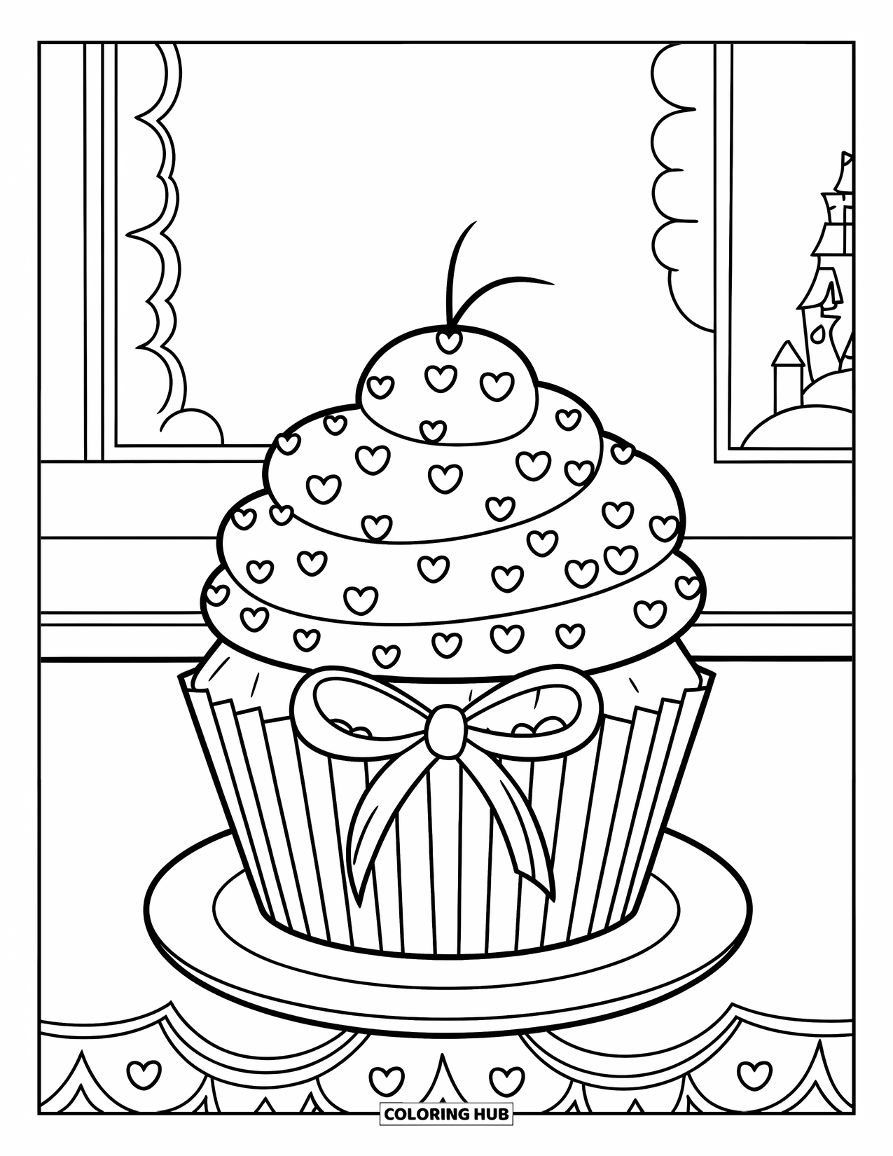 Kleurplaat taart voor kinderen: Een cupcake met hartvormige spikkels en een lint, geplaatst op een bord met een kasteel