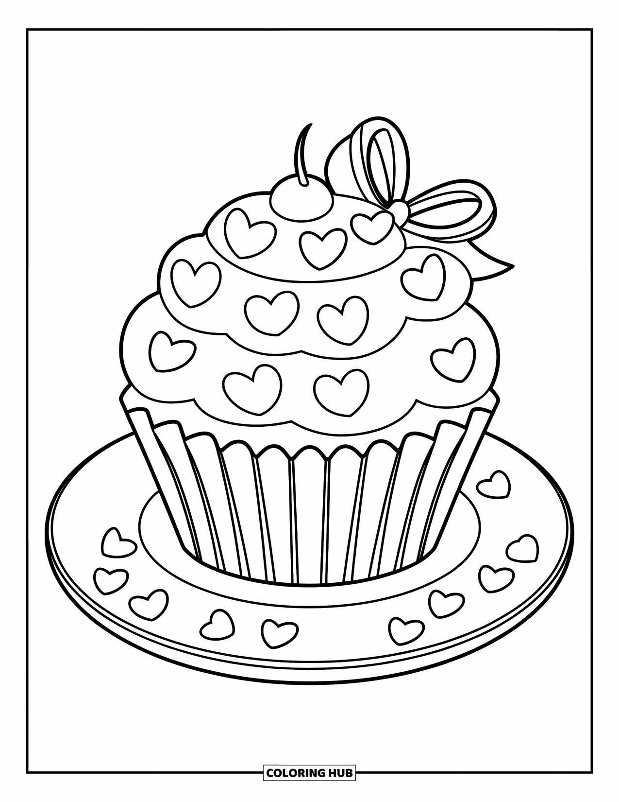 Kleurplaat taart voor kinderen: Een cupcake met hartvormige spikkels, lint en spikkels verspreid over het bord