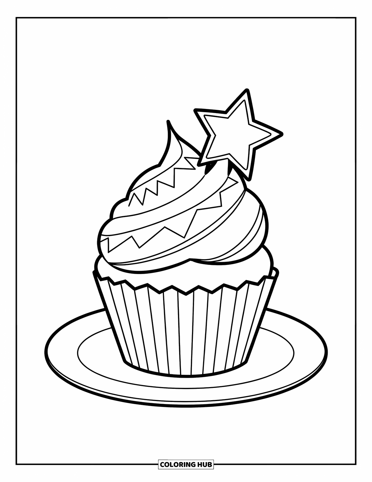 Kleurplaat taart voor kinderen: Een cupcake met zigzagglazuur en een sterdecoratie, zittend op een bord