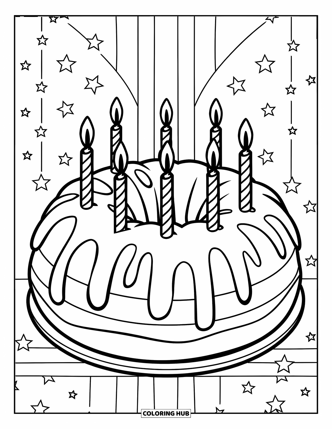 Kleurplaat taart voor kinderen: Een tulbandcake in de vorm van een donut met kaarsen, op een eenvoudige achtergrond van sterren en strepen