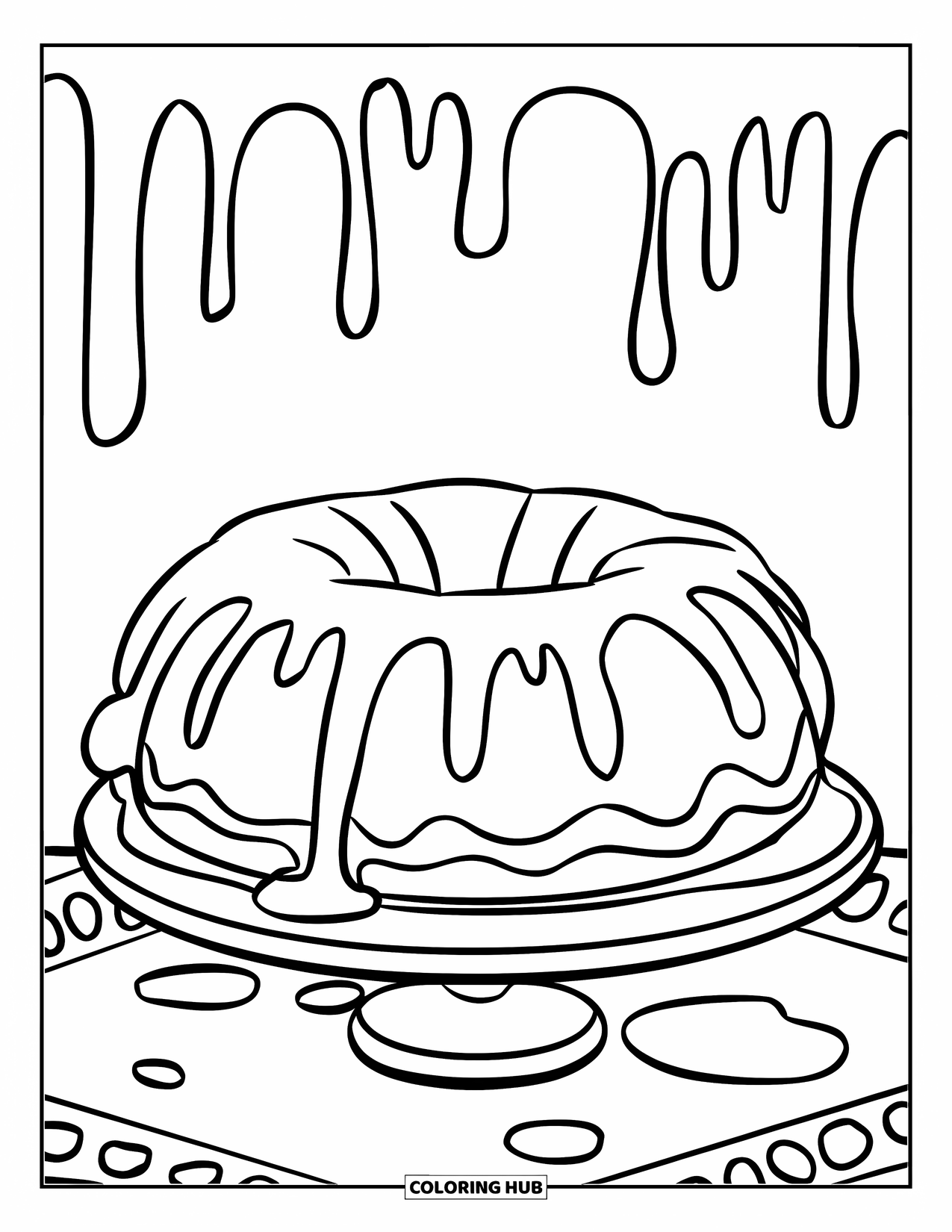 Kleurplaat taart voor kinderen: Een tulbandcake in de vorm van een donut met druipend glazuur, glad oppervlak, op een houten standaard