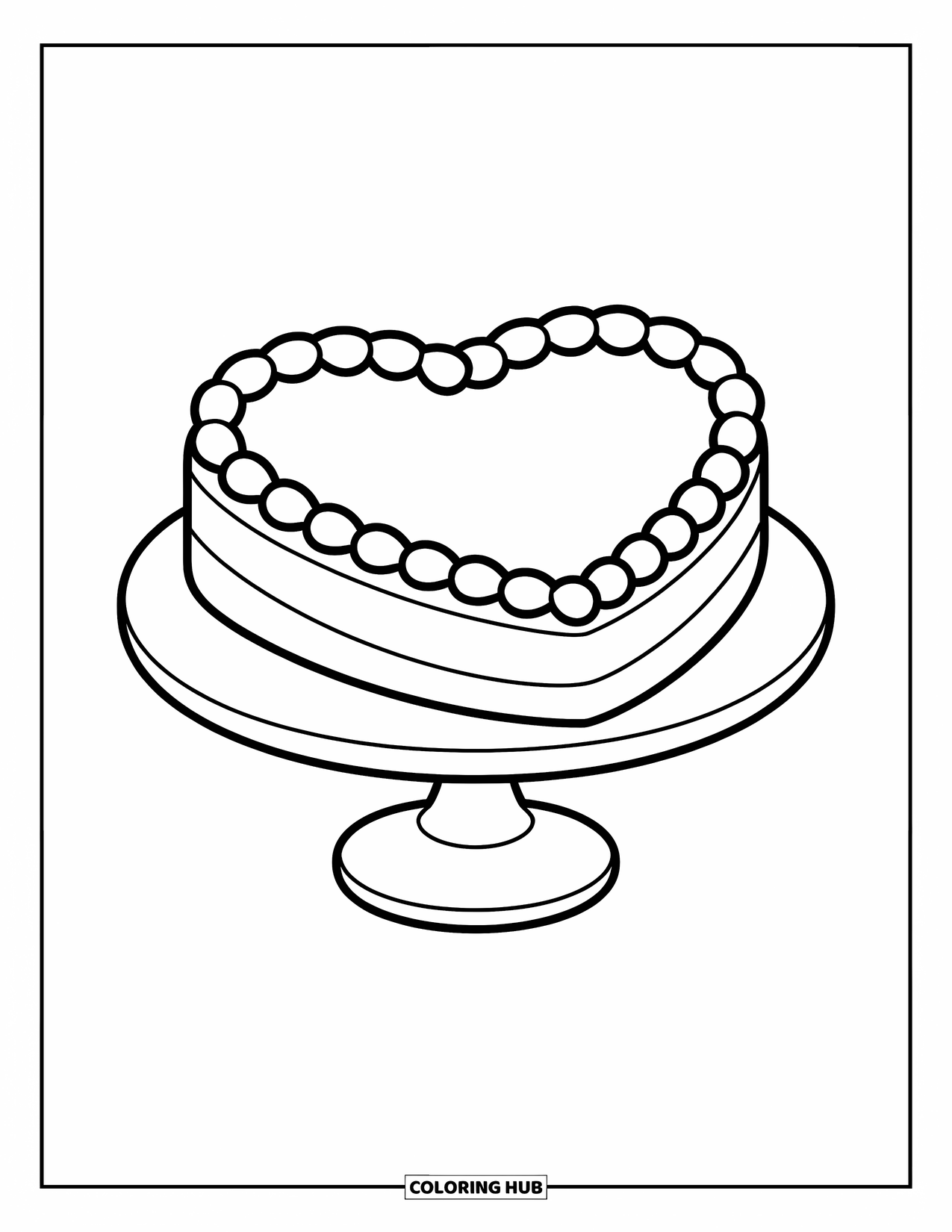 Kleurplaat taart voor kinderen: Een hartvormige taart met basisversiering op een eenvoudige taartstandaard
