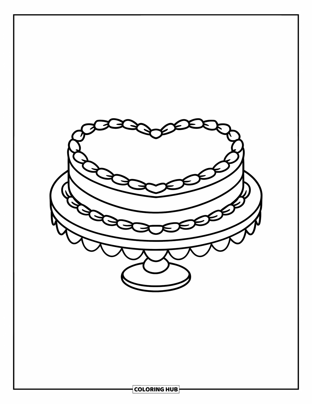 Kleurplaat taart voor kinderen: Een hartvormige taart met basisversiering, geplaatst op een eenvoudige taartstandaard