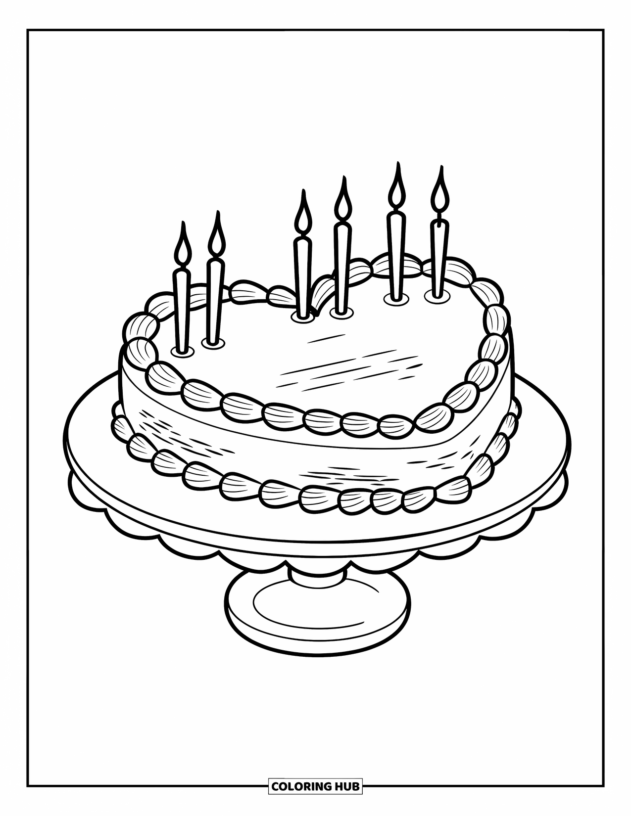 Kleurplaat taart voor kinderen: Een hartvormige taart met kaarsen, basisversiering, geplaatst op een taartstandaard