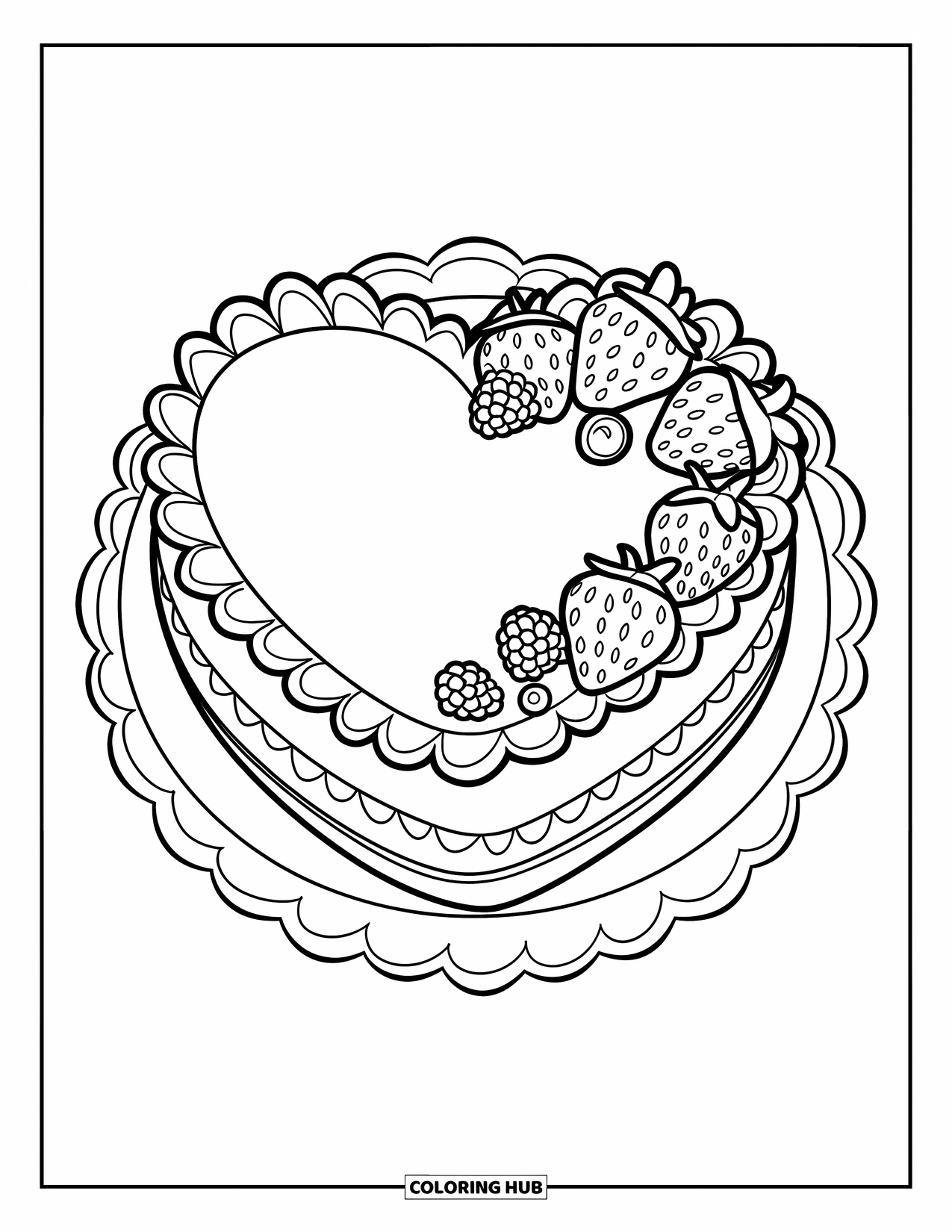 Kleurplaat taart voor kinderen: Een hartvormige taart met patroonranden, fruitgarnering en een geschulpte bord