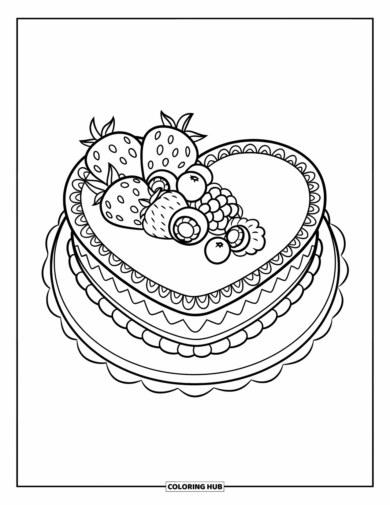 Kleurplaat taart voor kinderen: Een hartvormige taart met patroonranden, fruitgarnering en bessen erop