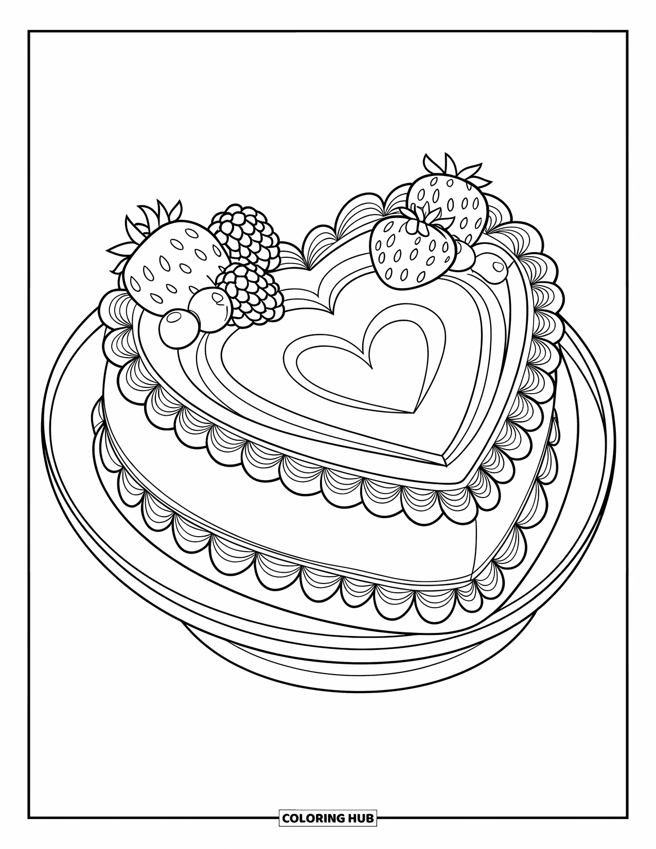 Kleurplaat taart voor kinderen: Een hartvormige taart met patroonranden, glazuurwervelingen en fruit erop