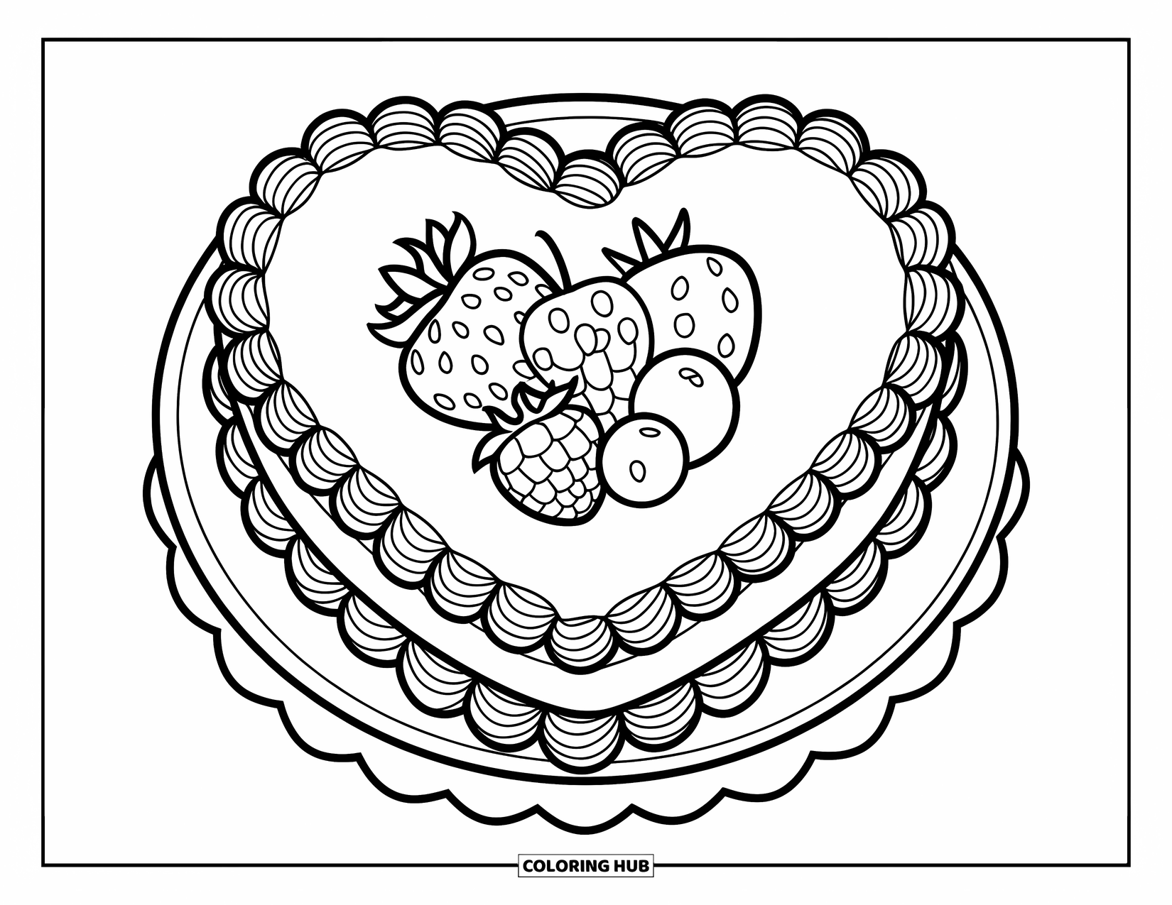 Kleurplaat taart voor kinderen: Een hartvormige taart met afgezette randen en fruitgarnering, geplaatst op een taartstandaard