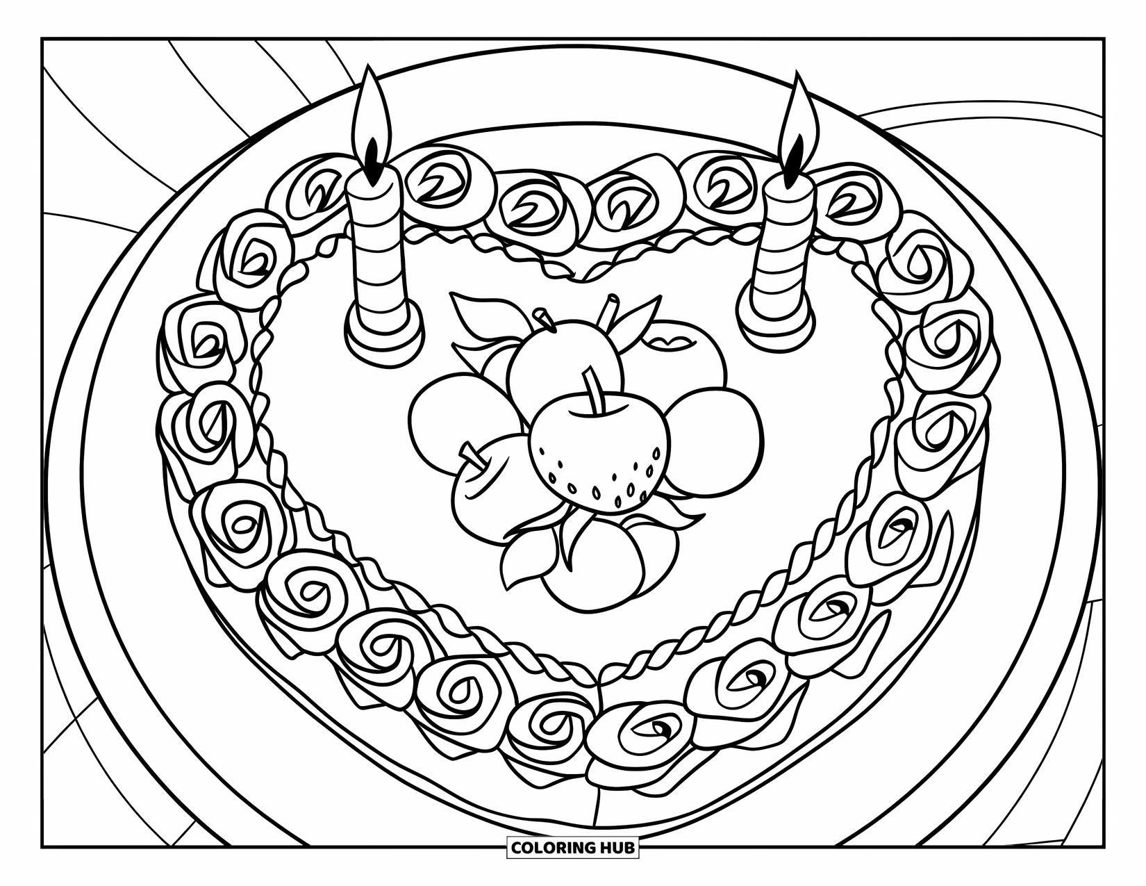 Kleurplaat taart voor kinderen: Een hartvormige taart met afgezette randen, omringd door rozen, met twee kaarsen